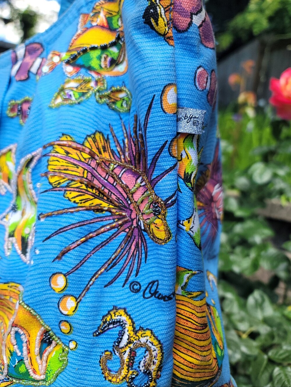 Vintage 90s Ann Ormsby Quasby Beach Elements Tropical Fish Beaded Tote Bag Y2K - Picture 11 of 17